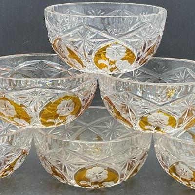 227: Set 6 Clear & Amber Floral Motif Crystal Bowls

