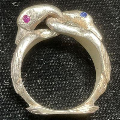 658: Vtg Sterling Silver Swan Ruby Topaz Ring
