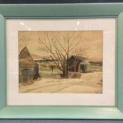 319: Framed Winter Sheds in Snow Watercolor Painting
