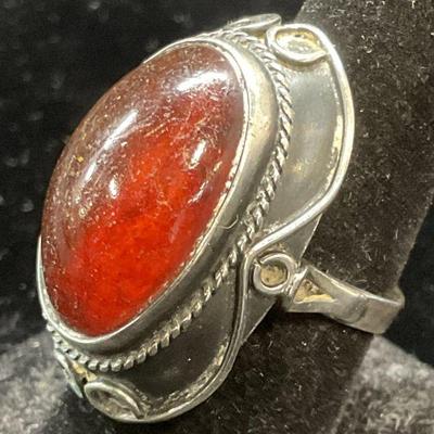 710: Vintage Signed Sterling Silver Amber Ring
