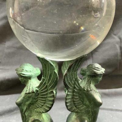 617: Winged Female Sphinx Base W Glass Orb Sculpture

