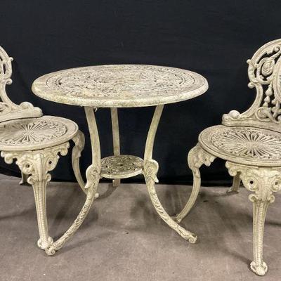 74: Set 3 Vintage White Iron Bistro Chairs & Table
