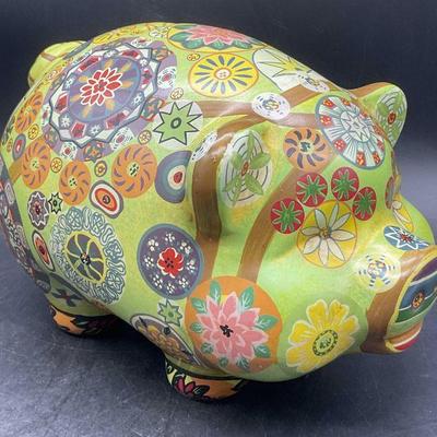 634: Vintage Ceramic Multicolored Pattern Pig Coin Bank
