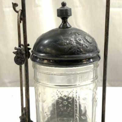 752: MERIDEN Silv Pl & Gls Atq Pickle Jar W Tongs & Lid
