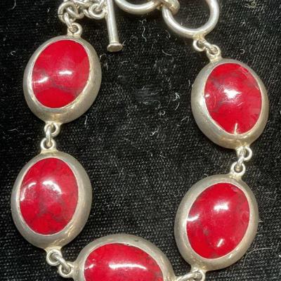 524: Vintage Sterling Silver Faux Jasper Bracelet
