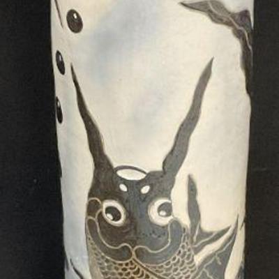 458: Sgnd Vntg Hand Painted Fish Motif Pottery Vase 29in
