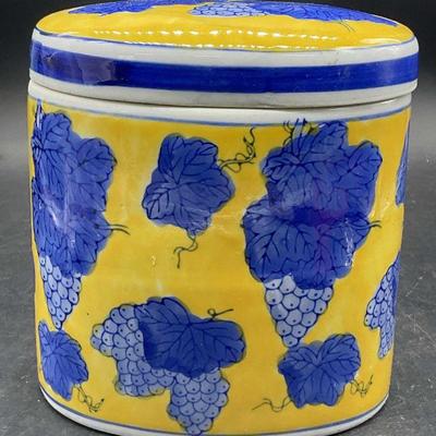 615: Vntg Blue & Yellow Grape Motif Ceramic Vessel, Lid
