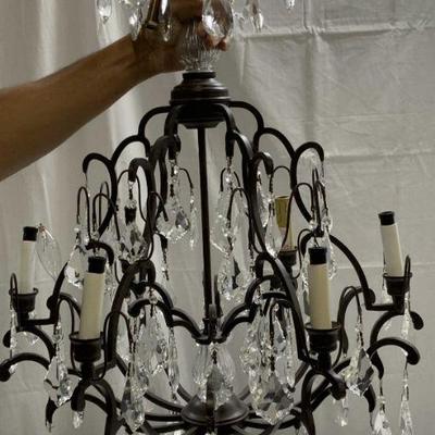247: Vntg Neoclassical 6 Arm Metal Chandelier W Prisms
