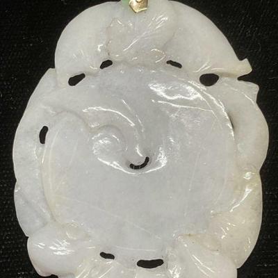 674: Asian Carved White Jade Bat 14k Gold Pendant
