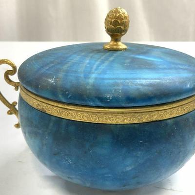 754: Vntg Dyed Marble & Gilt Vessel W Lid & Handle

