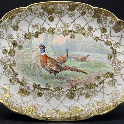 22: NIPPON HAND PAINTED Porcelain Pheasant Platter 17i
