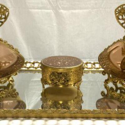 40: Vintage Filigree Gilt French Vanity Set 4
