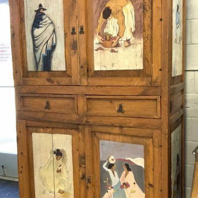 128: Vintage Hand Painted Lacquered Pine Cabinet
