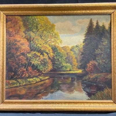 234: Framed River Landscape Oil Painting
