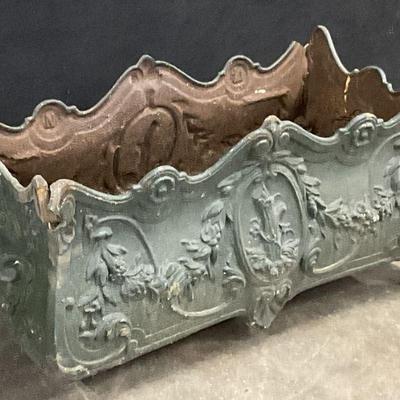 133: Vintage Painted Green Iron Footed Planter 25in L
