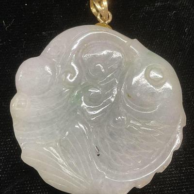 670: Asian Carved Jade Bird 14k Gold Pendant
