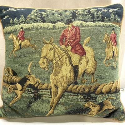 426: Vntg Needlepoint Fox Hunt Welted Throw Pillow
