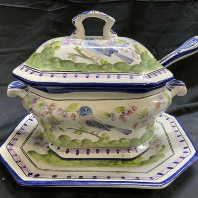 284: Portuguese Faience Tureen W Ladle & Underplate
