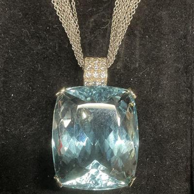 413: 14K WHITE GOLD TOPAZ & DIAMOND PENDANT NECKLACE
