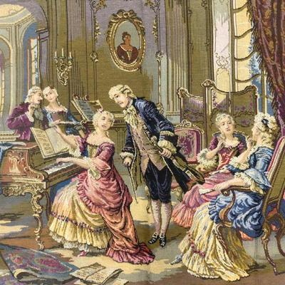706: Vtg French NddlPt Tapestry 18thC MusicParlour 54in
