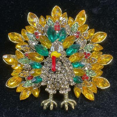 196: Gold Tone Crystal Turkey Statement Brooch

