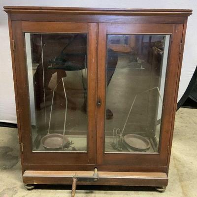 126: Antique Wooden Scale Cabinet W Crank
