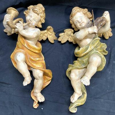536: Pr Hanging H Painted & Carved Wood Cherubs
