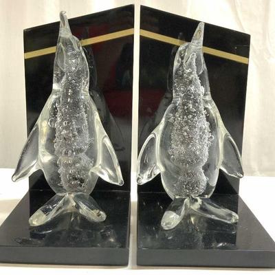 570: Vtg Pr Italian Penguin Bubble Blown Gls Bookends
