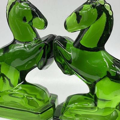 709: Pair Vintage Green Glass Horse Bookends

