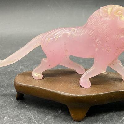 740: Pink Art Glass Lion Figural W/ Wooden Stand
