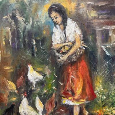 420: Antonio Ugalde Alvarez Woman&Chickens Painting 32i
