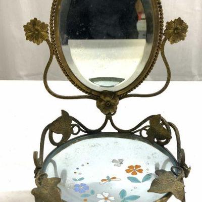 580: Vntg Vanity Tabletop Brass Ring Holder Mirror
