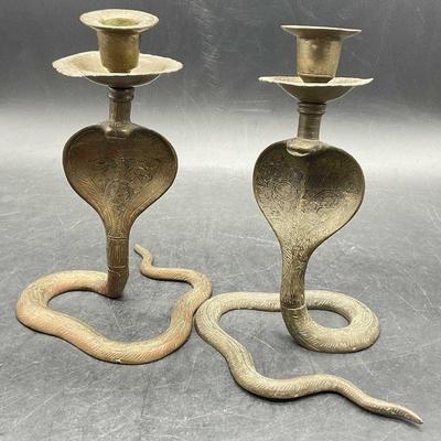 719: Pair Vintage Brass Cobra Candlesticks
