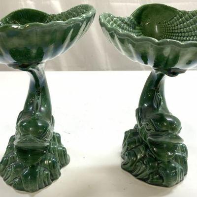 37: DARTMOUTH POTTERY Pr Vtg Fish Soap Dishes Green
