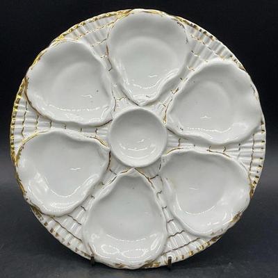 699: Signed Antique White & Gilt Ceramic Oyster Plate
