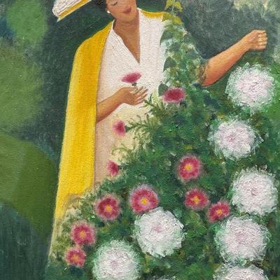451: Signed M Walls Woman in Garden Oil Painting 1999
