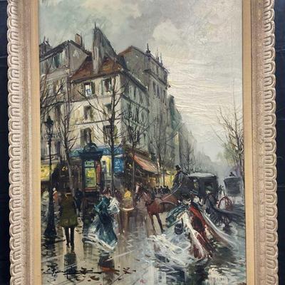 573: Framed Signed European Street Scene Oil Painting
