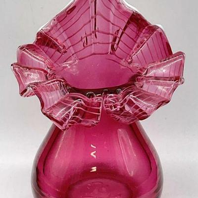 217: Jack in the Pulpit Ruffled Rim Cranberry Glass Vase
