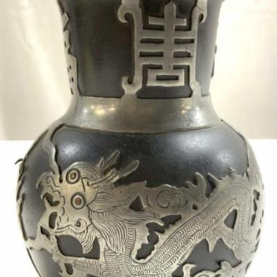 654: Signed Vntg Asian Ceramic & Pewter Dragon Vase
