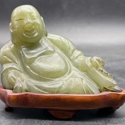 742: Green Stone Laughing Buddha Figural W/ Stand
