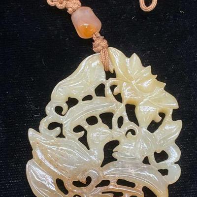 614: Asian Carved Jade Bird & Flower Pendant
