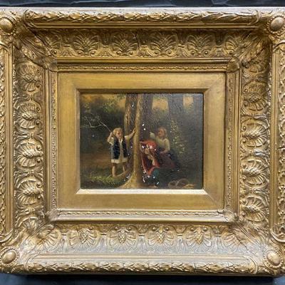 340: Antique Framed Children Playing Oil Painting
