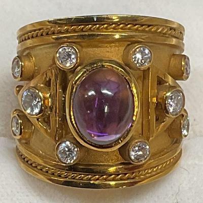 409: 18K GOLD .75CT DIAMOND, AMETHYST RING
