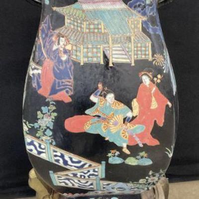 448: Vntg Hand Painted Asian Porc Vase W Stand 25in H
