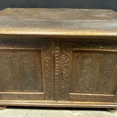 125: Antique Carved Wood Coffer Trunk
