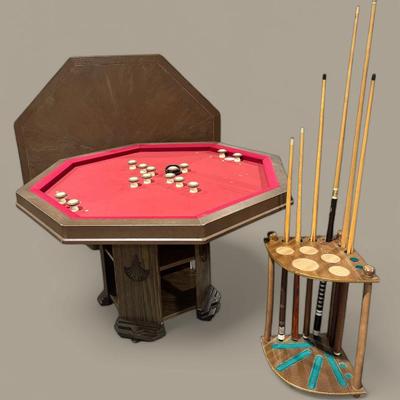 Vintage Bumper Pool Game Night Table W/ Pool Sticks & Stand 