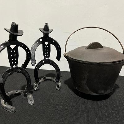 Vintage Cast Iron Footed Bean Pot & 2 Horseshoe Cowboys 
