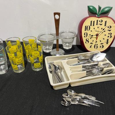 Vintage MCM Flatwear, MCM Chrome & Teak Condiment Server, Ingraham Apple Wall Clock & More