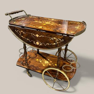 Vintage Italian Marquetry Drop-Leaf Olive Wood Inlay Bar Cart