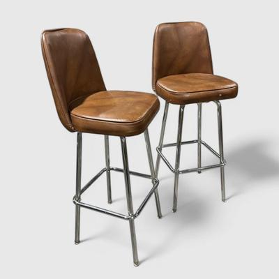 Vintage 70s Brown Vinyl Swivel Barstools 